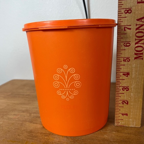 Vintage Tupperware Servalier Canister Set 4 Orange Sunburst Lid Flour Sugar Tea - Picture 11 of 12